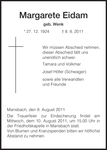 Traueranzeige von Margarete Eidam von HERSFELDER ZEITUNG