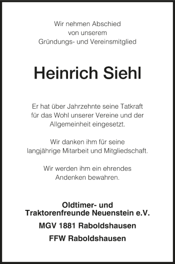 Traueranzeige von Heinrich Siehl von Hersfelder Zeitung