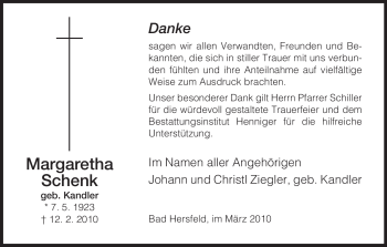 Traueranzeige von Margaretha Schenk von HERSFELDER ZEITUNG
