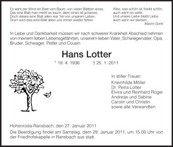 Traueranzeige von Hans Lotter von HERSFELDER ZEITUNG