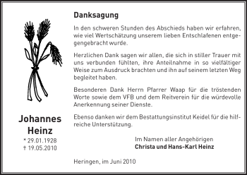 Traueranzeige von Johannes Heinz von HERSFELDER ZEITUNG