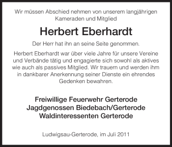 Traueranzeige von Herbert Eberhardt von HERSFELDER ZEITUNG