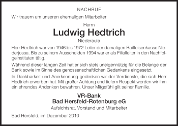 Traueranzeige von Ludwig Hedtrich von HERSFELDER ZEITUNG