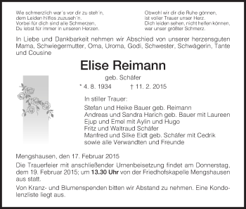 Traueranzeige von Elise Reimann von Hersfeld