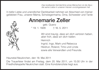 Traueranzeige von Annemarie Zeller von HERSFELDER ZEITUNG