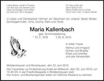 Traueranzeige von Maria Kallenbach von HERSFELDER ZEITUNG