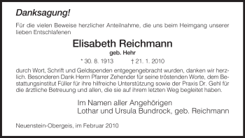 Traueranzeige von Elisabeth Reichmann von HERSFELDER ZEITUNG