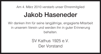 Traueranzeige von Jakob Haseneder von HERSFELDER ZEITUNG