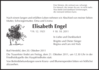 Traueranzeige von Elisabath Engel von HERSFELDER ZEITUNG