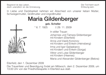 Traueranzeige von Maria Gildenberger von HERSFELDER ZEITUNG