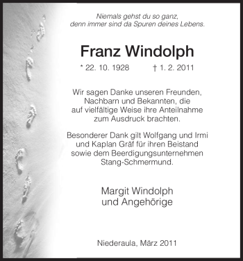 Traueranzeige von Franz Windolph von HERSFELDER ZEITUNG