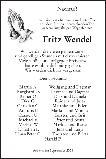 Traueranzeige von Fritz Wendel von HERSFELDER ZEITUNG