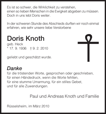 Traueranzeige von Doris Knoth von HERSFELDER ZEITUNG