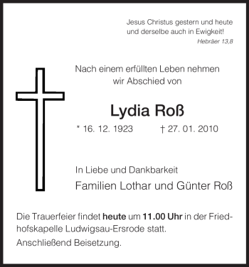 Traueranzeige von Lydia Roß von HERSFELDER ZEITUNG