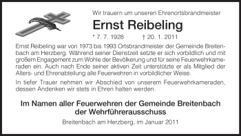 Traueranzeige von Ernst Reibeling von HERSFELDER ZEITUNG