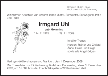 Traueranzeige von Irmgard Uhl von HERSFELDER ZEITUNG