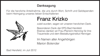 Traueranzeige von Franz Krizko von HERSFELDER ZEITUNG