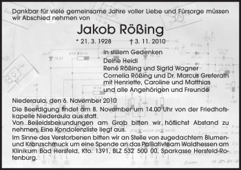 Traueranzeige von Jakob Rößing von HERSFELDER ZEITUNG