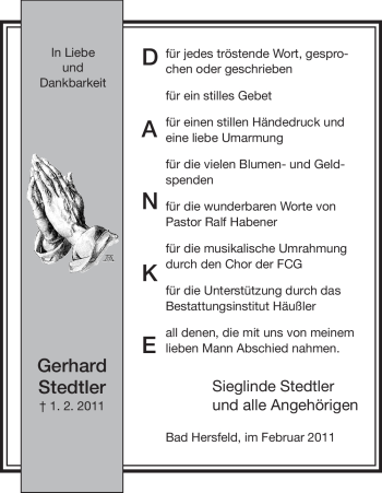 Traueranzeige von Gerhard Stedtler von HERSFELDER ZEITUNG