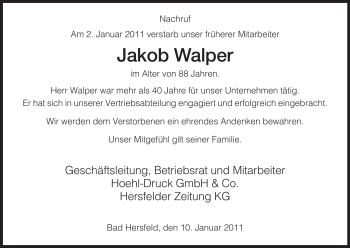 Traueranzeige von Jakob Walper von HERSFELDER ZEITUNG