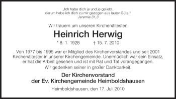 Traueranzeige von Heinrich Herwig von HERSFELDER ZEITUNG