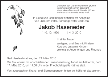 Traueranzeige von Jakob Haseneder von HERSFELDER ZEITUNG