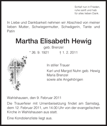 Traueranzeige von Martha Elisabeth Hewig von HERSFELDER ZEITUNG