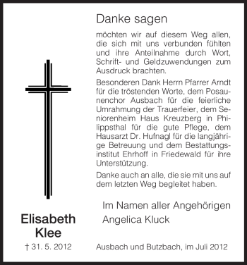 Traueranzeige von Elisabeth Klee von HERSFELDER ZEITUNG