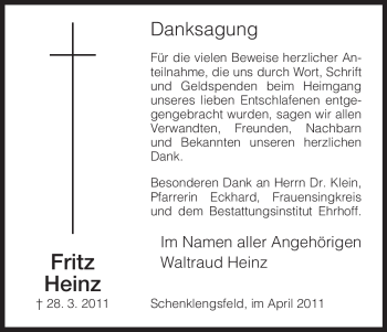 Traueranzeige von Fritz Heinz von HERSFELDER ZEITUNG