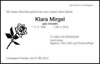 Traueranzeige von Klara Mirgel von HERSFELDER ZEITUNG