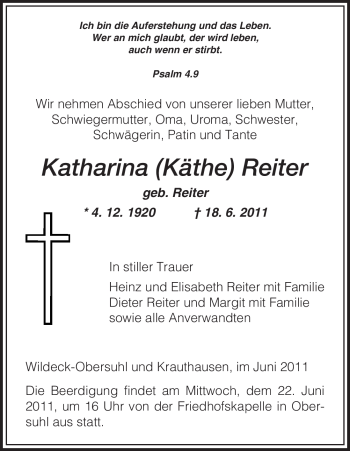 Traueranzeige von Katharina Reiter von HERSFELDER ZEITUNG