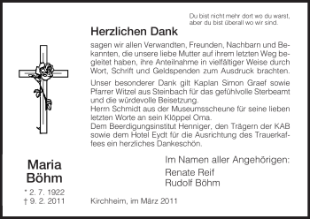 Traueranzeige von Maria Böhm von HERSFELDER ZEITUNG