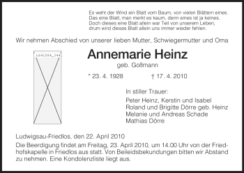 Traueranzeige von Annemarie Heinz von HERSFELDER ZEITUNG