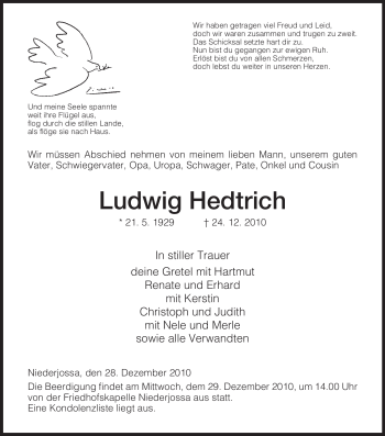 Traueranzeige von Ludwig Hedtrich von HERSFELDER ZEITUNG