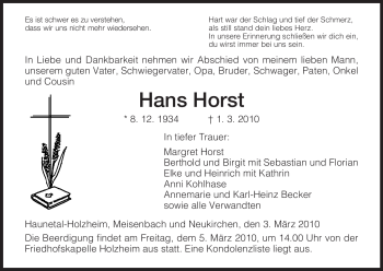 Traueranzeige von Hans Horst von HERSFELDER ZEITUNG