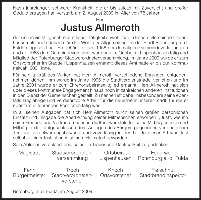  Traueranzeige für Justus Allmeroth vom 05.08.2009 aus HERSFELDER ZEITUNG