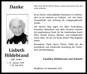 Traueranzeige von Lisbeth Hildebrand von HERSFELDER ZEITUNG