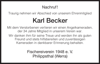 Traueranzeige von Karl Becker von HERSFELDER ZEITUNG