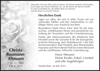 Traueranzeige von Christa Baumann-Altmann von HERSFELDER ZEITUNG