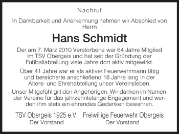 Traueranzeige von Hans Schmidt von HERSFELDER ZEITUNG