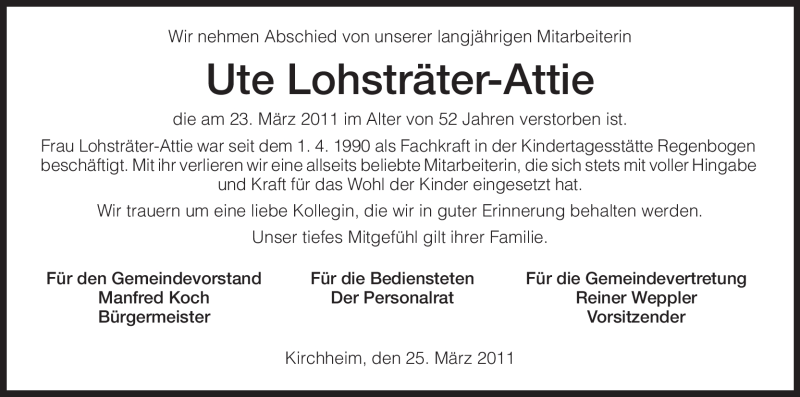  Traueranzeige für Ute Lohsträter-Attie vom 26.03.2011 aus HERSFELDER ZEITUNG