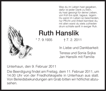 Traueranzeige von Ruth Hanslik von HERSFELDER ZEITUNG