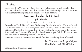 Traueranzeige von Anna-Elisabeth Dickel von HERSFELDER ZEITUNG