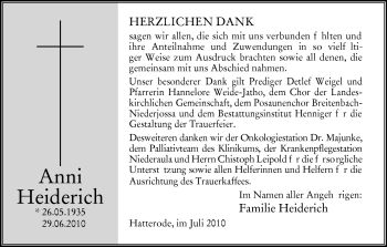 Traueranzeige von Anni Heiderich von HERSFELDER ZEITUNG