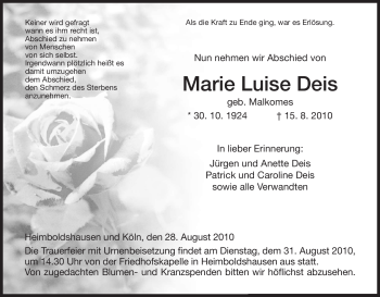 Traueranzeige von Marie Luise Deis von HERSFELDER ZEITUNG