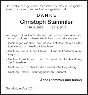 Traueranzeige von Christoph Stämmler von HERSFELDER ZEITUNG