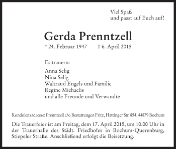 Traueranzeige von Gerda Prenntzell von Hersfeld