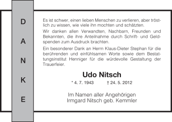 Traueranzeige von Udo Nitsch von HERSFELDER ZEITUNG