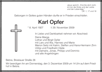 Traueranzeige von Karl Opfer von HERSFELDER ZEITUNG