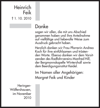 Traueranzeige von Heinrich Feik von HERSFELDER ZEITUNG